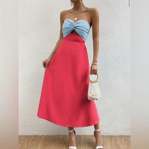 Pink and Blue Twist Front Strapless Dress
